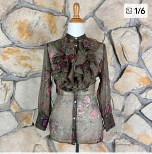 Lauren Ralph Lauren Crinkle Georgette Ruffled Blouse In Taupewood Print